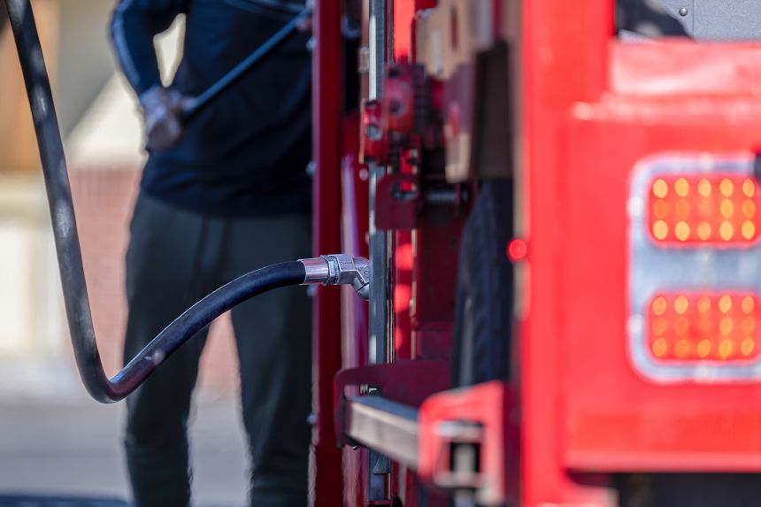 A truck is refueled with diesel fuel at a gas station in Sacramento, California, on Thursday, March 19, 2026.