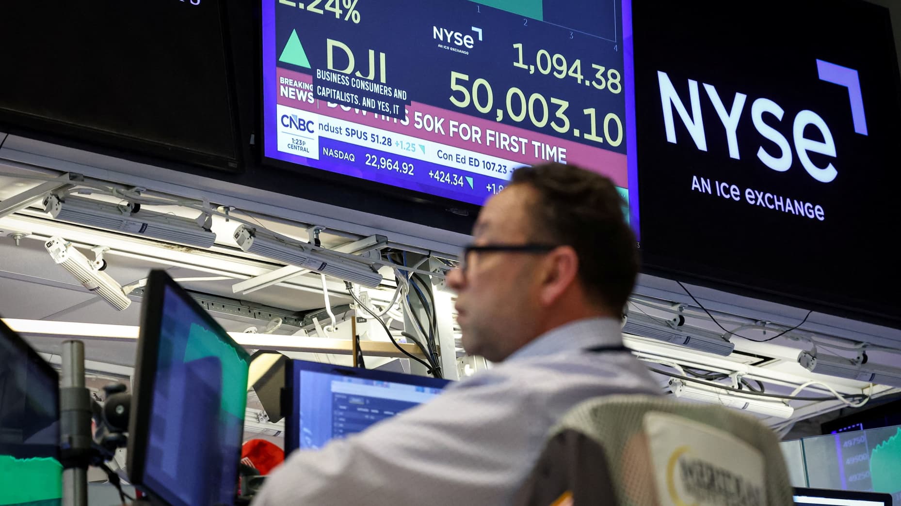 A trader works as the Dow Jones Industrial Average surpasses the 50,000 mark on the floor at the New York Stock Exchange (NYSE) in New York City, U.S., February 6, 2026. REUTERS/Brendan McDermid