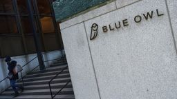 Blue Owl signage outside the Seagram Building at 375 Park Avenue in the Midtown East neighborhood of New York, US, on Tuesday, Jan. 20, 2026. A Blue Owl Capital Inc. private credit fund has launched its first dollar bond in a year, during a session in which global market jitters kept other potential borrowers on the sidelines.