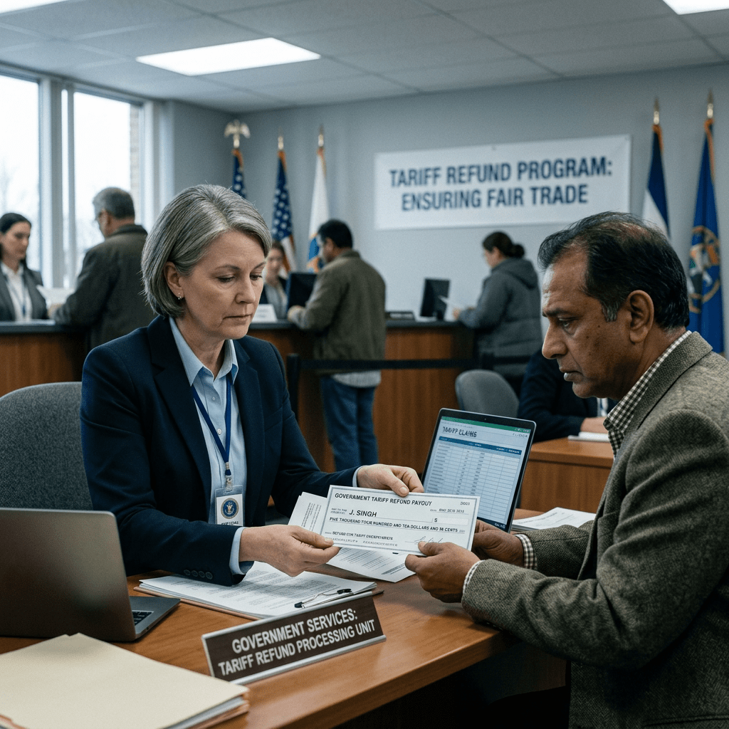 Government official handing a tariff refund check to a man at a processing desk