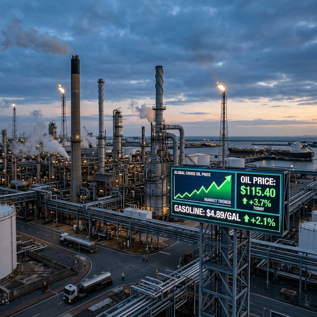 Oil refinery with chimneys, smoke, flames, and digital display of oil price $115.40 up 3.7% and gasoline price $4.89 up 2.1%