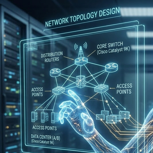 Digital AI humanoid managing a holographic network topology with servers and data points