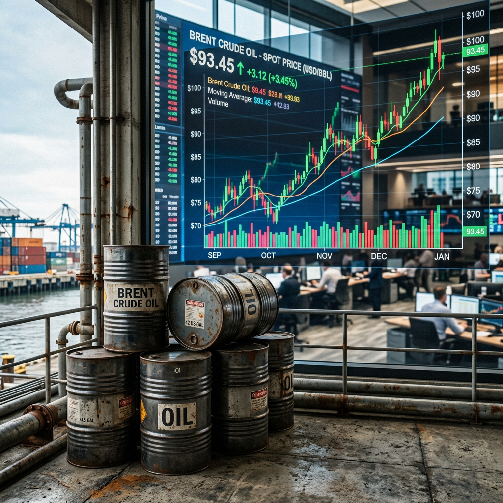 Oil barrels with rising trading chart background
