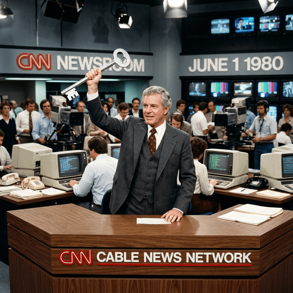 Ted Turner launching CNN newsroom scene