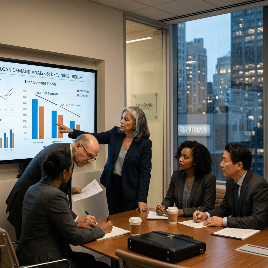 Bank executives reviewing falling loan demand charts