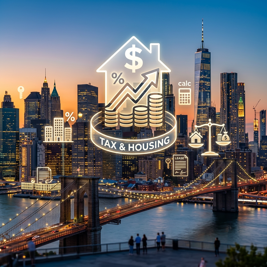 City skyline with icons representing taxes, housing prices, and financial calculations