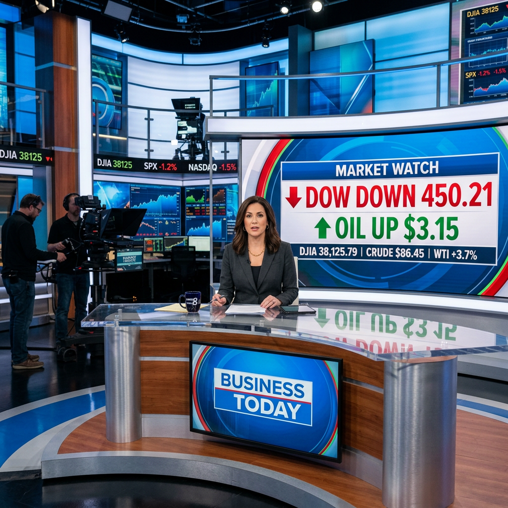 News anchor sitting at a desk in a studio broadcasting market updates with stock and oil price changes displayed on screens