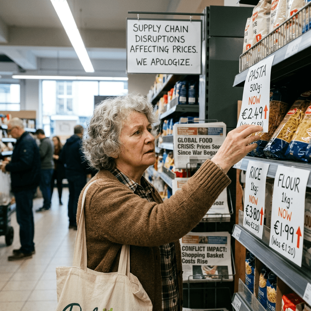 Elderly woman looking at price tags on grocery shelves with signs about supply chain disruptions and food price increases