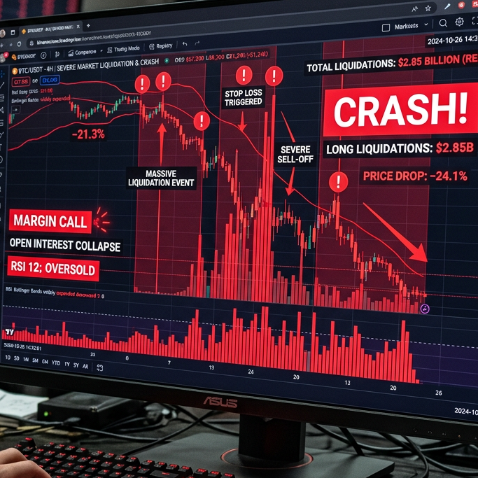 Cryptocurrency market crash overview Cryptocurrency trading screen showing a sharp market crash with $2.85 billion liquidations and 24.1% price drop