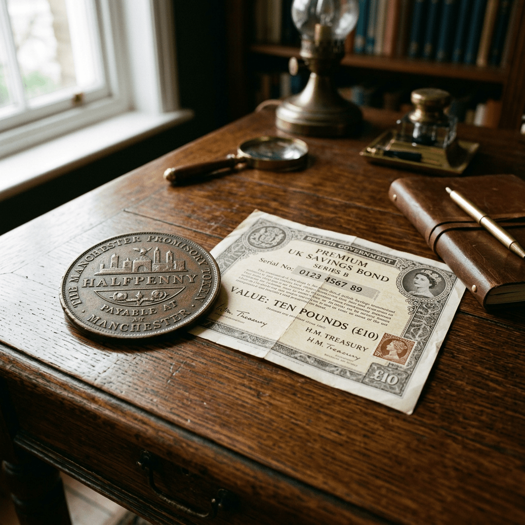 A UK savings bond valued at ten pounds and a large commemorative halfpenny coin on a wooden desk