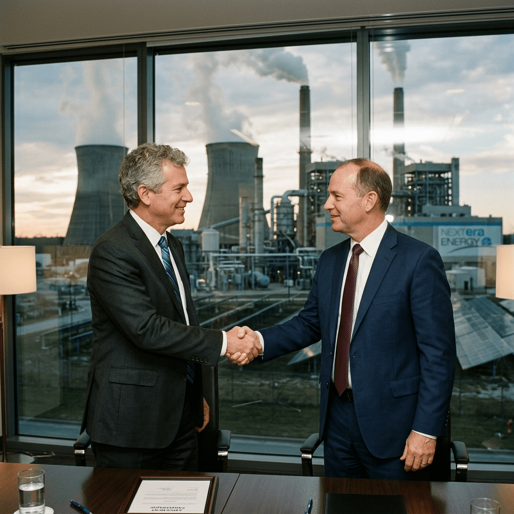 Two men in suits shaking hands inside an office with a power plant visible through large windows.