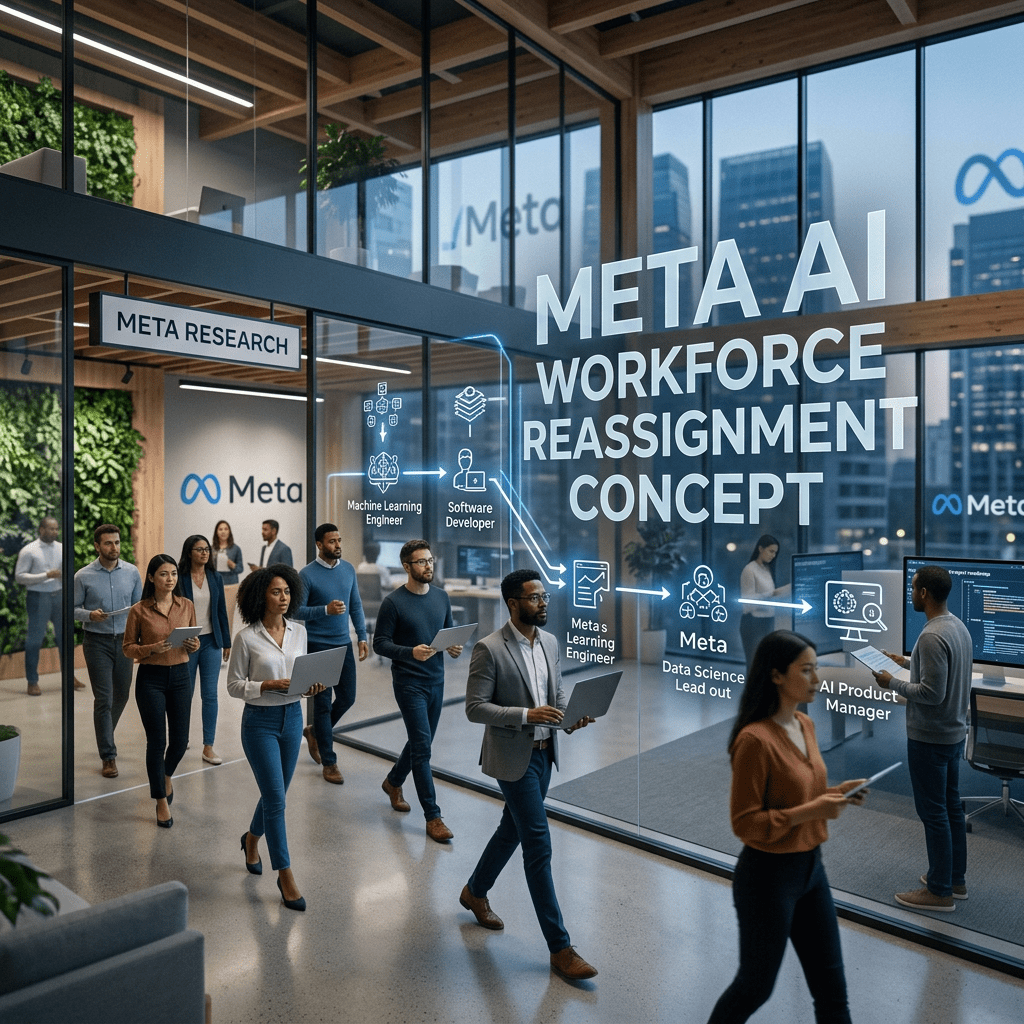 Meta Research team members walking in an office with AI workforce reassignment roles displayed on glass