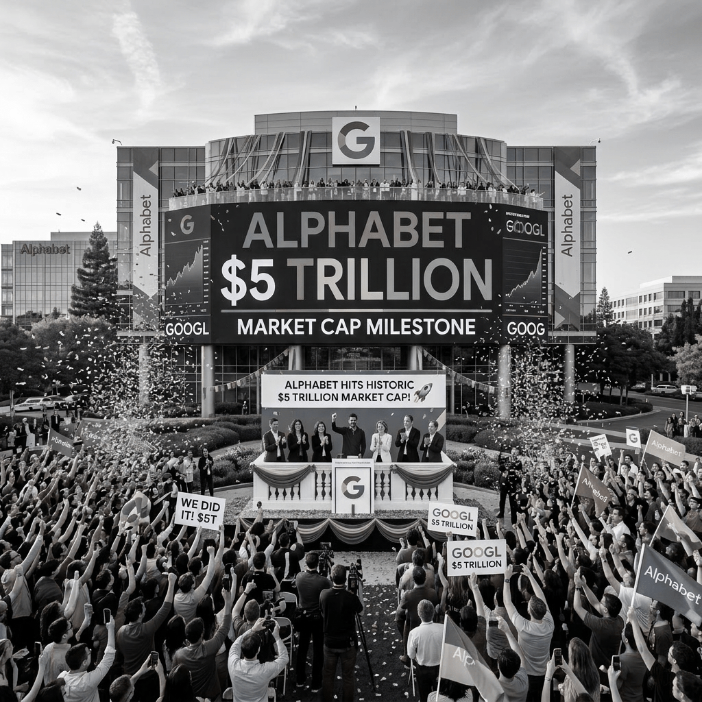 Crowd celebrating Alphabet's $5 trillion market cap with signs and confetti