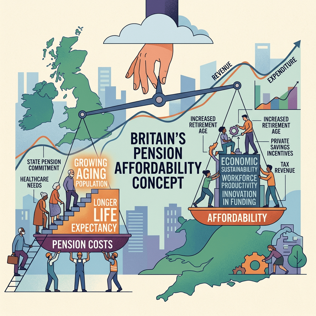 Scales balancing pension costs due to aging population against economic factors ensuring pension affordability in Britain