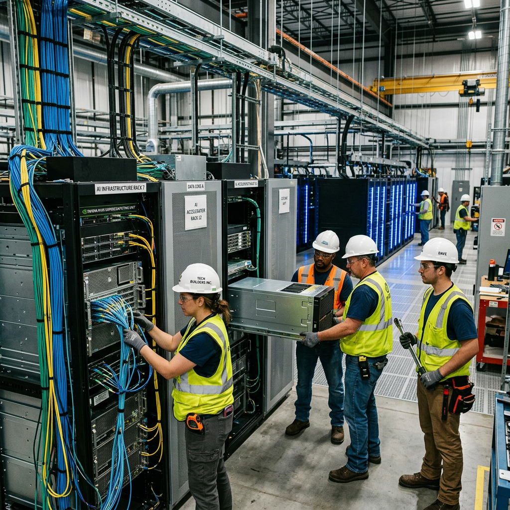 Technicians working with servers and network cables in a data center