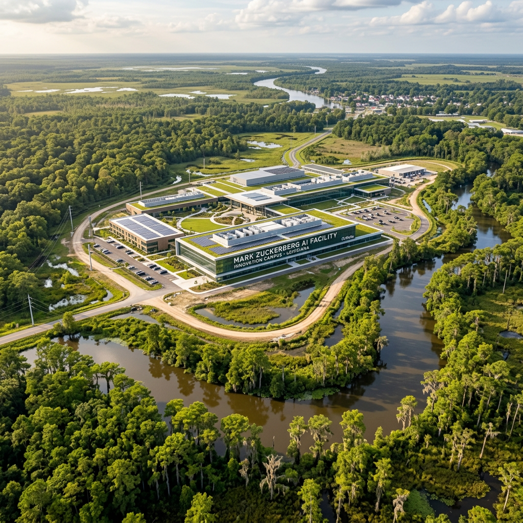Mark Zuckerberg AI Facility innovation campus aerial view surrounded by trees and rivers