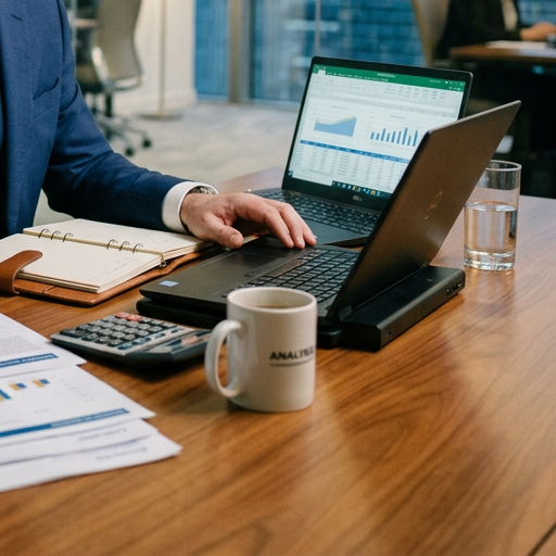 Businessman in suit working on financial documents and laptop with charts