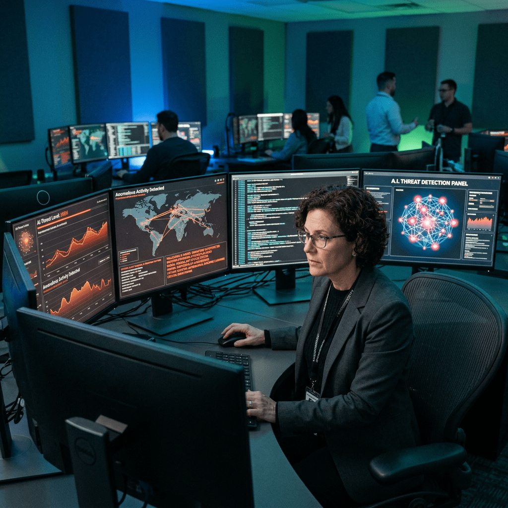 Woman working at a cybersecurity monitoring station with multiple threat detection screens