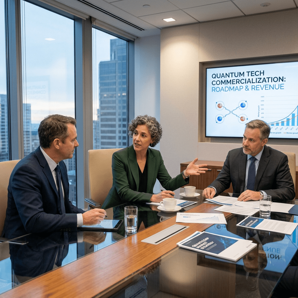 Three business people in a meeting discussing quantum tech commercialization roadmap and revenue with charts.