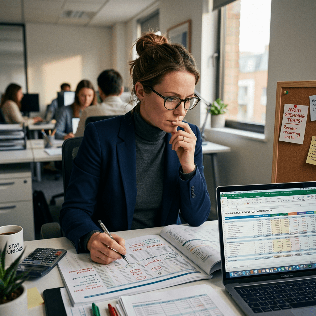 Woman analyzing budget spreadsheets and making notes in office