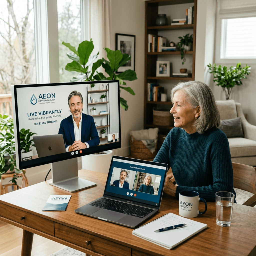 Older woman sitting at a desk having a video call with a longevity clinic doctor