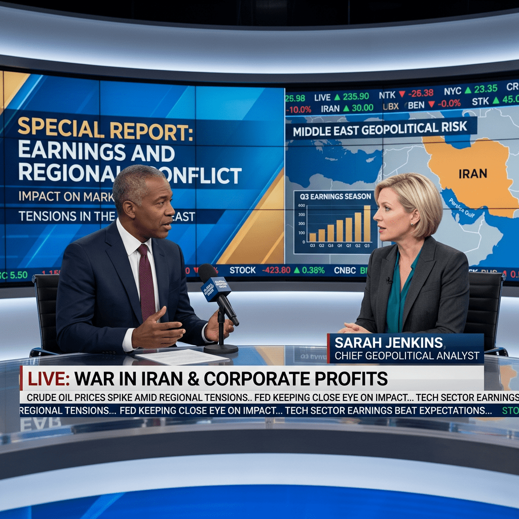 Two news anchors discussing Middle East geopolitical risk and earnings impact