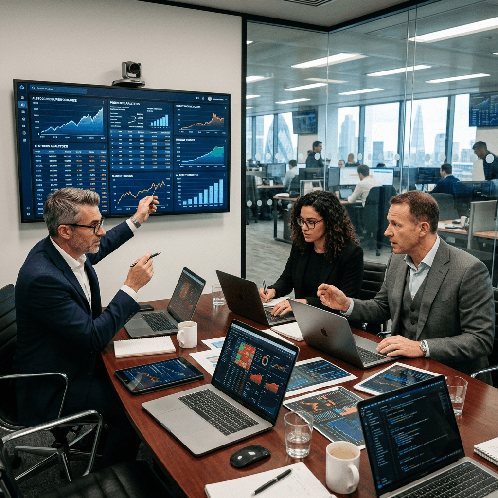 Three professionals in a meeting room analyzing financial and AI performance data on laptops and a large screen